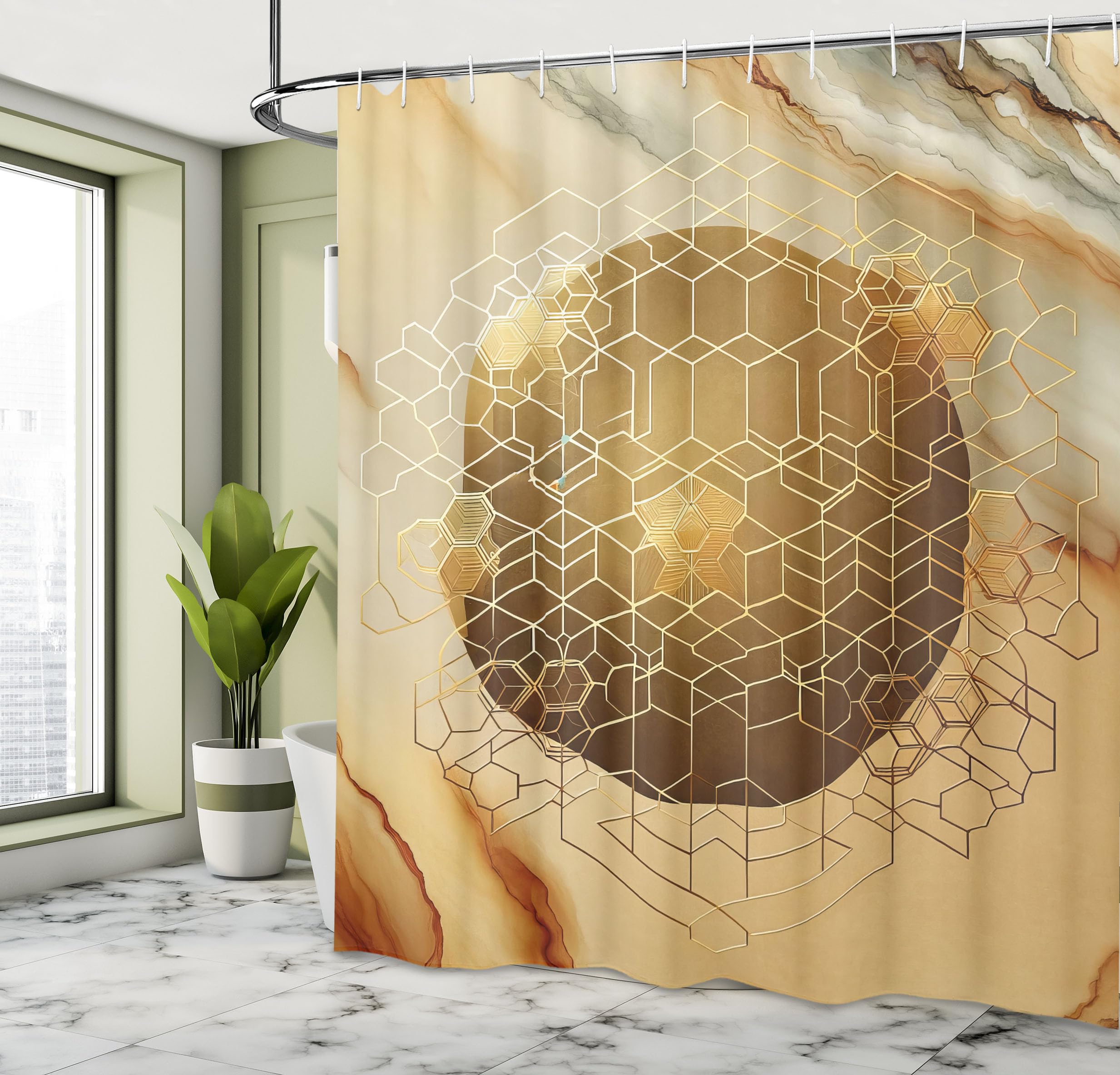 Ambesonne Yellow Shower Curtain, Earth Tones Futurist Cubes Featuring A Ball Shape On Marble Print Back, Cloth Fabric Bathroom D